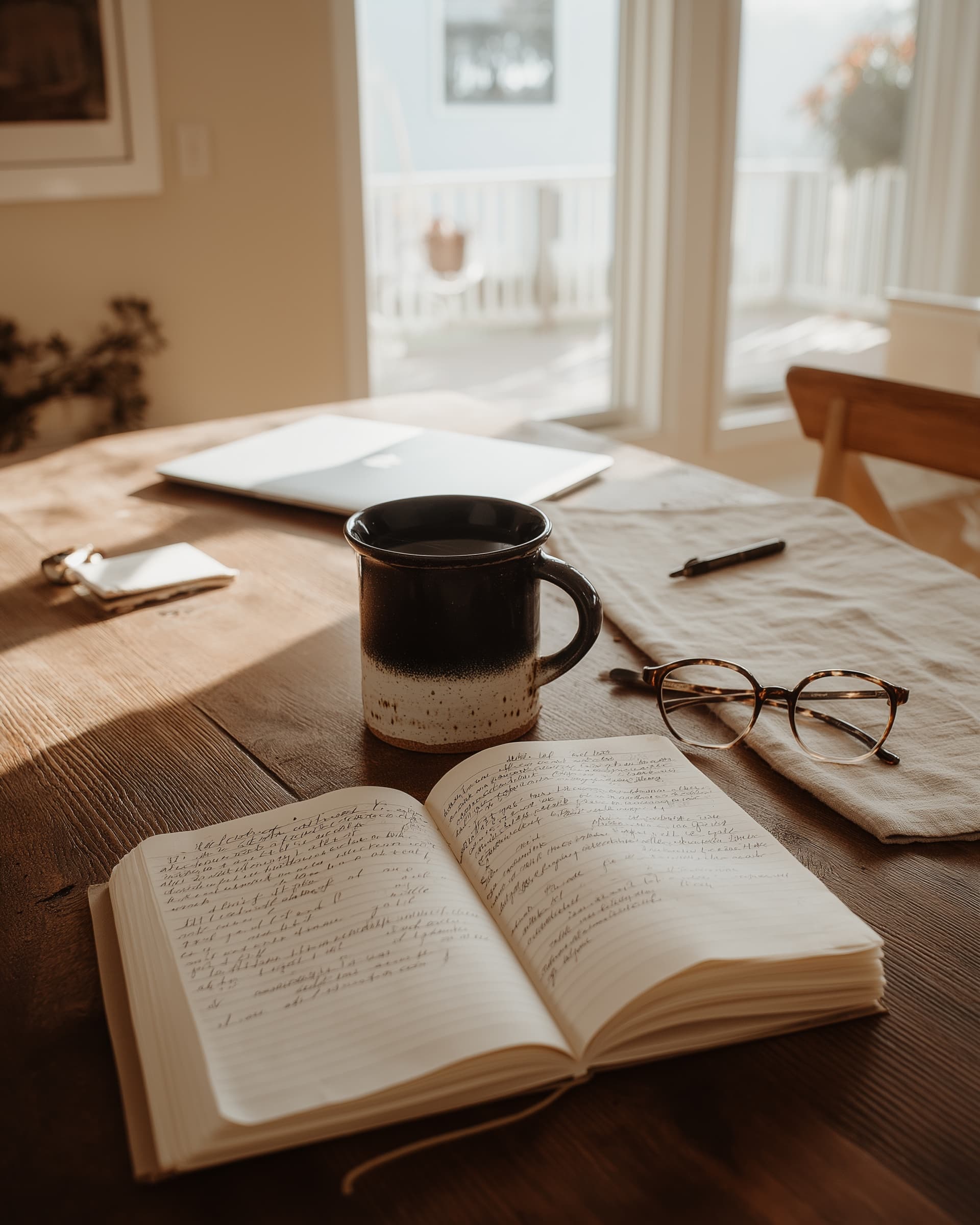 A wood kitchen table with an open notebook of handwritten research notes, a stack of academic journals, and a ceramic mug of coffee in soft morning light.