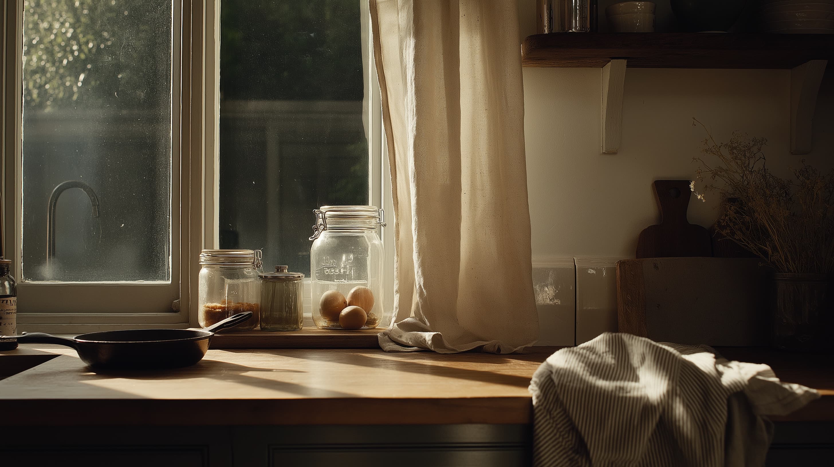 A quiet morning home interior with a cast iron skillet, glass jars, and linen curtain catching morning light.