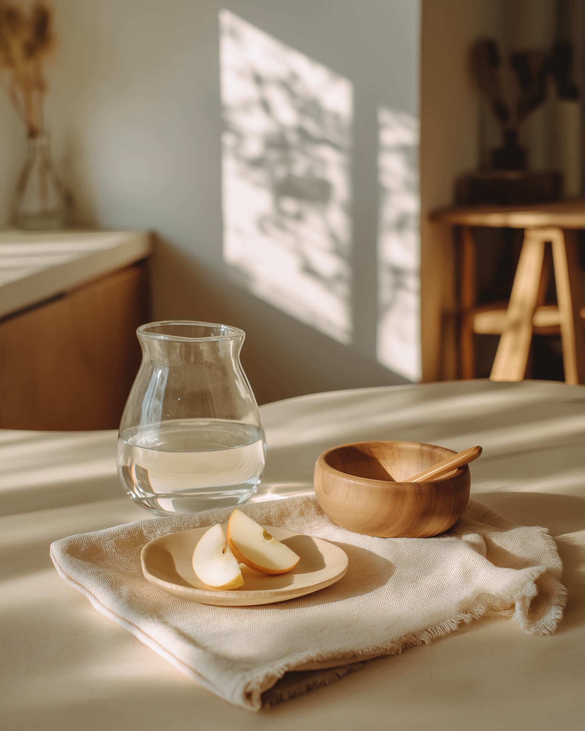 A calm morning kitchen counter in a young family's home: glass water carafe, wooden bowl, fresh fruit on a small plate, soft morning light.