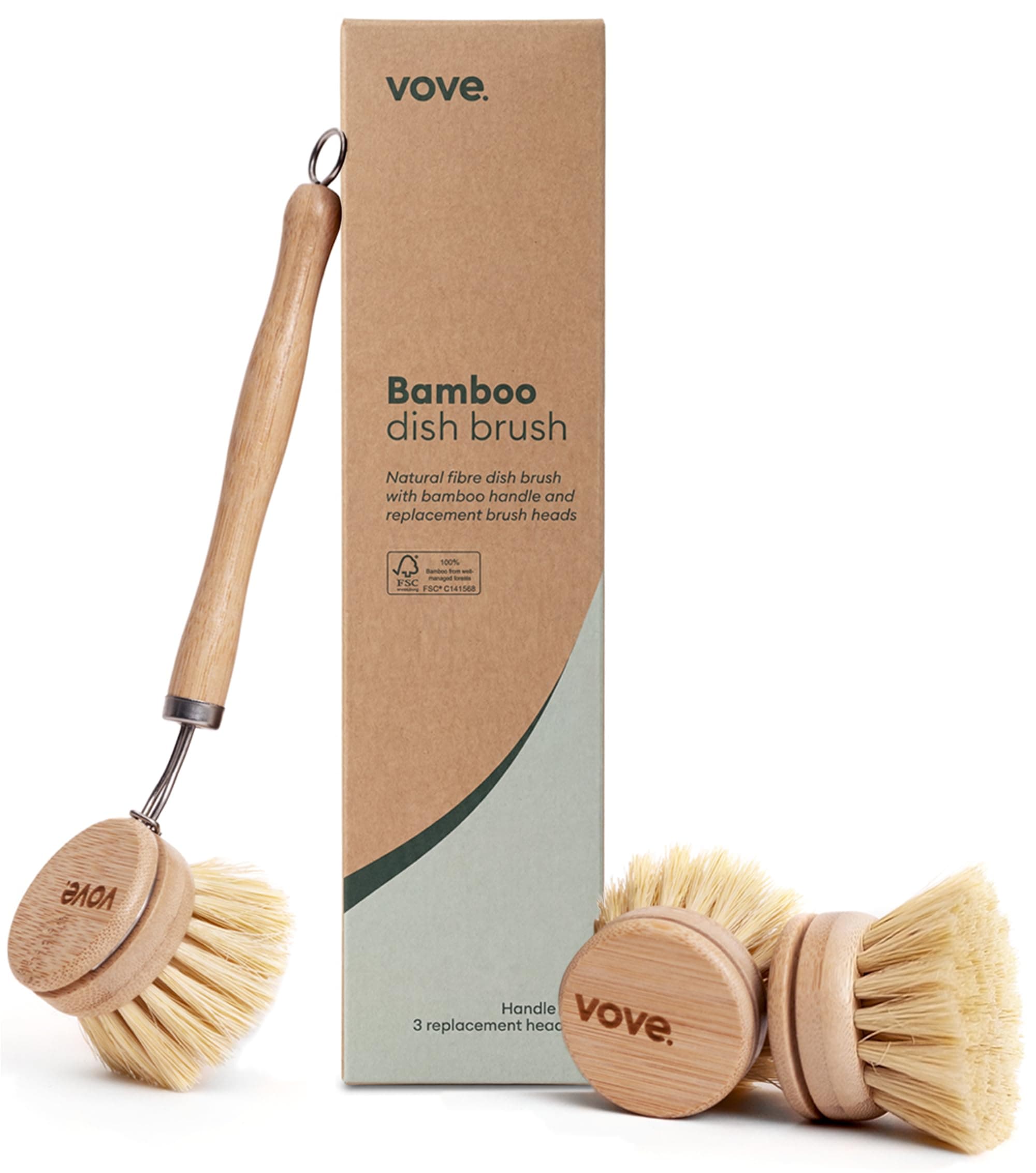 Vove Bamboo Dish Brush + 3 Replacement Heads